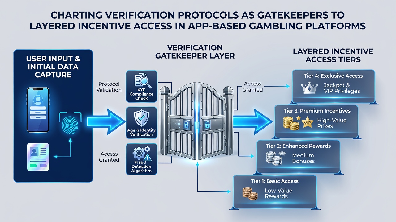 Darstellung von gestaffelten Incentive-Ebenen und Verifizierungs-Gatekeepern in mobilen Glücksspiel-Apps