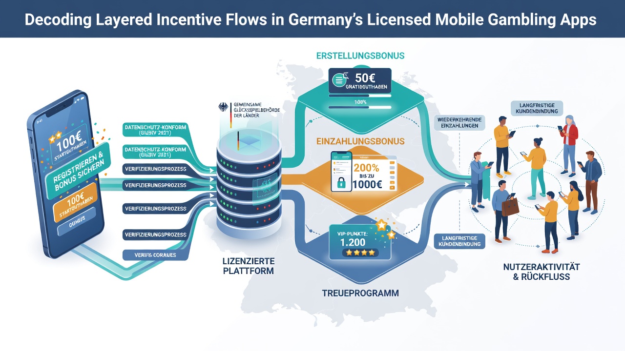 Darstellung einer mobilen App-Oberfläche mit integrierten Bonus-Ebenen und Compliance-Prüfungen