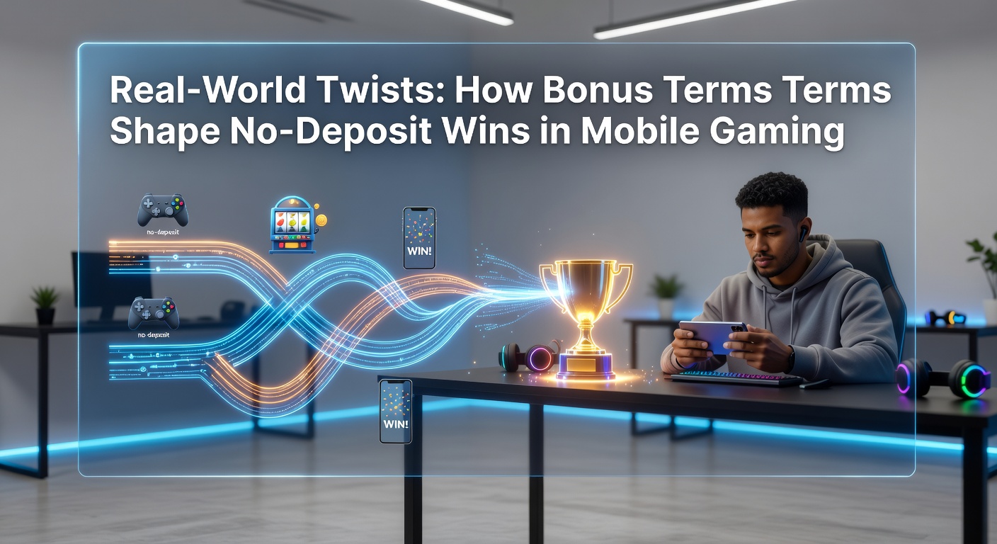 Smartphone mit Casino-App im Vordergrund, das No-Deposit-Bonus-Symbole und feine Druckbedingungen zeigt